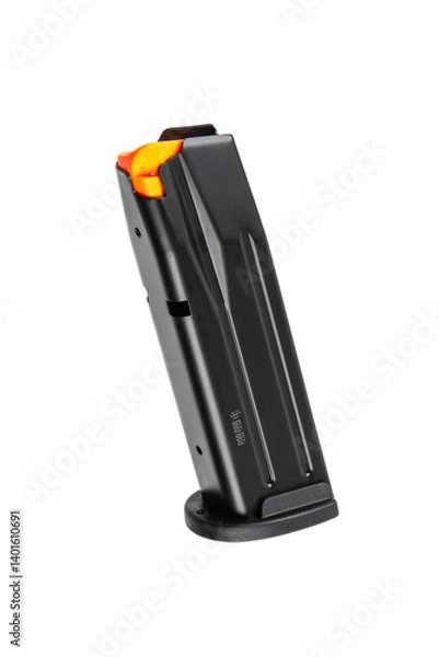 Fototapeta Black pistol magazine with orange follower, standing upright, isolated on white background