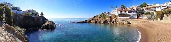 Fototapeta Beautiful Coastal View of a Picturesque Village Overlooking the Clear Blue Sea During a Sunny Day in a Coastal Region Known for Its Charm and Sandy Beaches