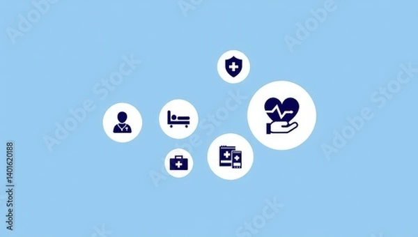 Fototapeta Health insurance and medical care concept. A set of wooden blocks displaying health-related icons, medical care, health insurance, and medication. healthcare services, protection, insurance coverage,