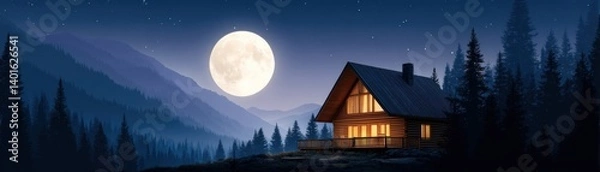 Fototapeta A serene night scene featuring a cozy cabin illuminated by moonlight, surrounded by towering trees and mountains under a starry sky.