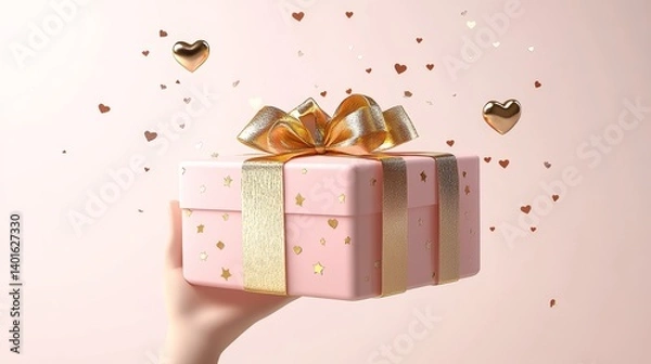 Fototapeta Gift Box Held in Hand With Heart-Shaped Decorations Floating Around, Creating a Festive and Loving Atmosphere for Special Occasions