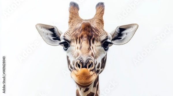 Fototapeta A striking close-up of a giraffe’s face, showcasing its patterned coat and gentle eyes against a plain white background