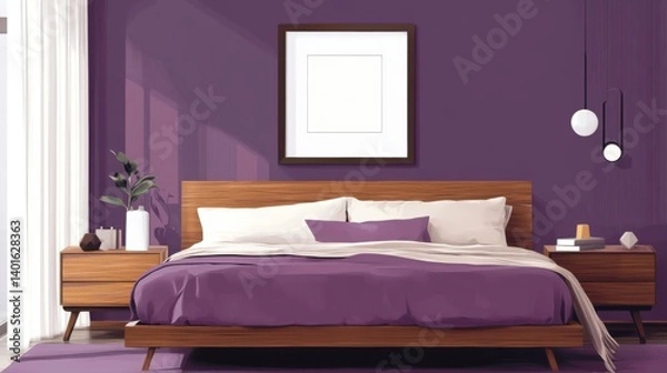 Fototapeta Modern Purple Bedroom Interior Design with Wooden Bed and Minimalist Decor