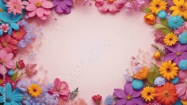 Obraz Colorful floral border in paper art style on pink background