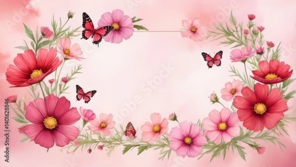 Fototapeta Floral frame made by pink and red cosmos flowers and butterflies, copy space