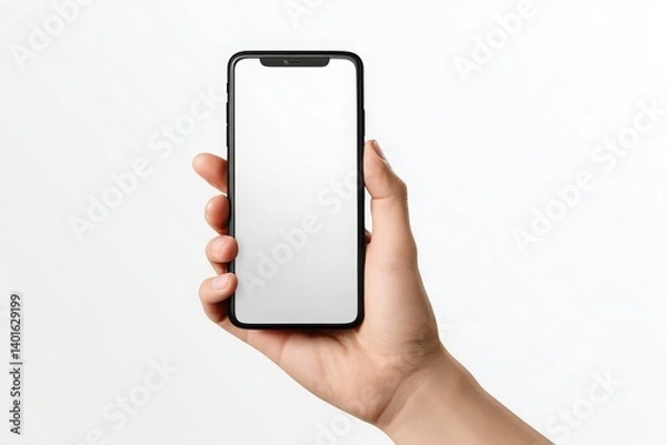 Fototapeta Hand holding a modern smartphone with a blank white screen against a plain background.
