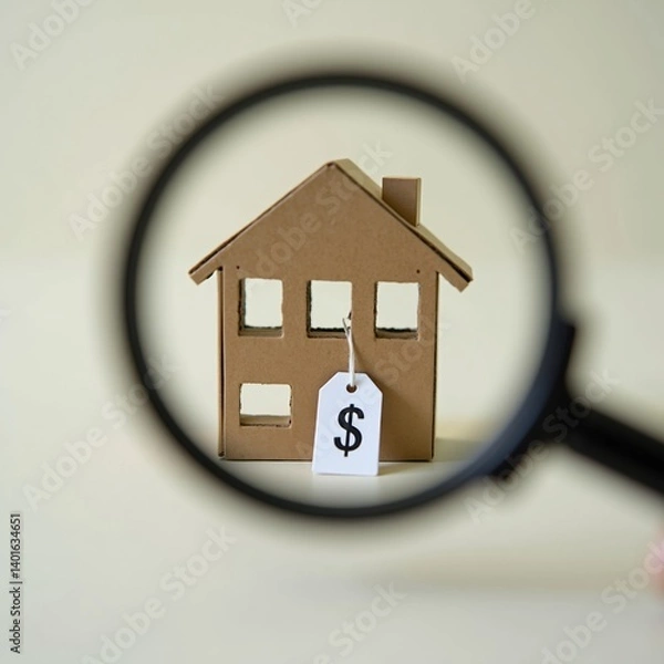 Obraz Cardboard House with Price Tag Under Magnifying Glass Highlighting Real Estate Costs