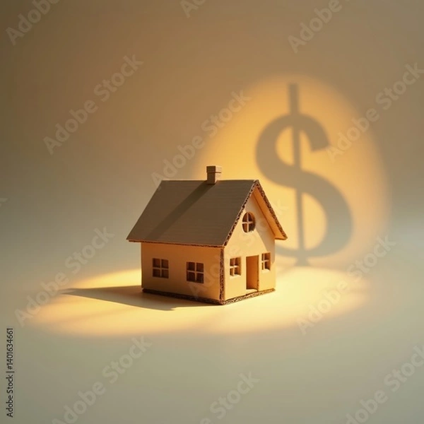 Fototapeta Cardboard House with Dollar Sign Shadow Symbolizing Real Estate Value and Housing Costs