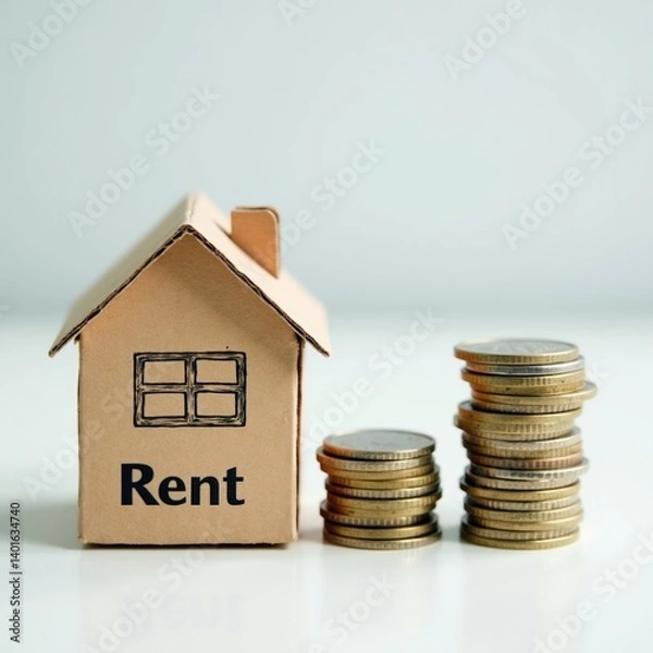 Obraz Cardboard house labeled "Rent" next to stacked coins on a white surface, symbolizing rental costs and financial burden of renting a home