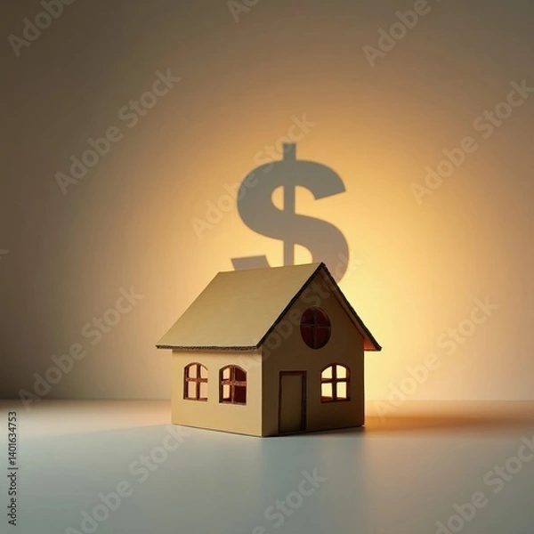 Fototapeta Cardboard House with Dollar Sign Shadow Symbolizing Real Estate Value and Housing Costs
