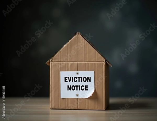 Obraz Cardboard House Model with Eviction Sign on Front, Symbolizing Housing Crisis