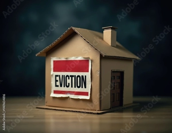 Obraz Cardboard House Model with Eviction Sign on Front, Symbolizing Housing Crisis