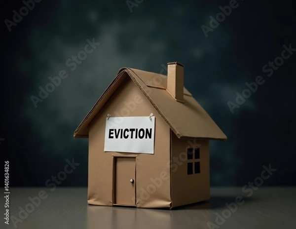 Fototapeta Cardboard House Model with Eviction Sign on Front, Symbolizing Housing Crisis