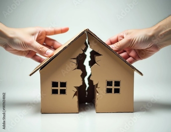 Obraz Torn Cardboard House Held by Multiple Hands Representing Housing Conflict Divorce or Property Disputes