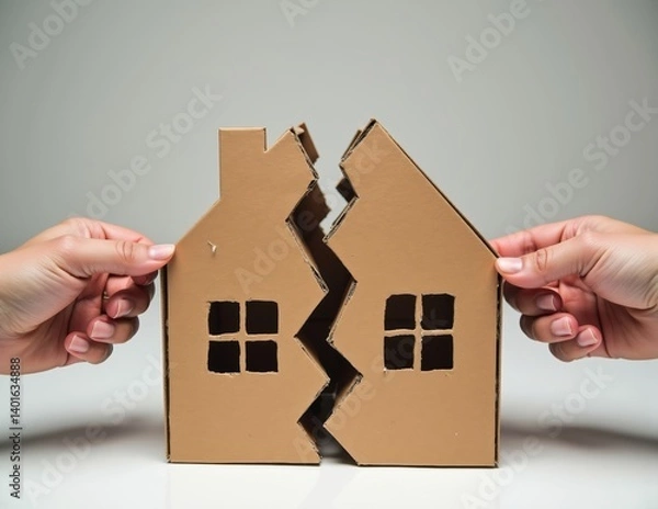 Fototapeta Torn Cardboard House Held by Multiple Hands Representing Housing Conflict Divorce or Property Disputes