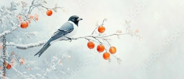 Fototapeta A gray and black bird perched on a snow-dusted branch with frosted fruit.