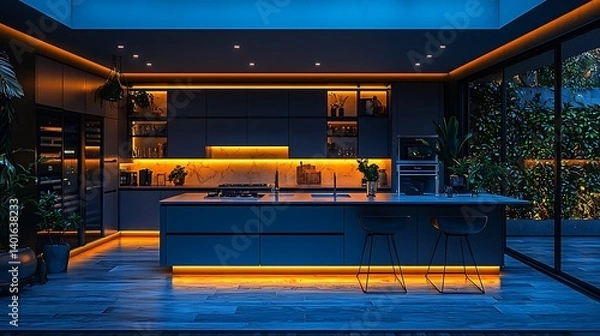 Fototapeta Modern kitchen illuminated with warm ambient lights high resolution image
