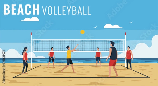 Obraz Beach Volleyball Game with Two Teams, Net, and BEACH VOLLEYBALL Text
