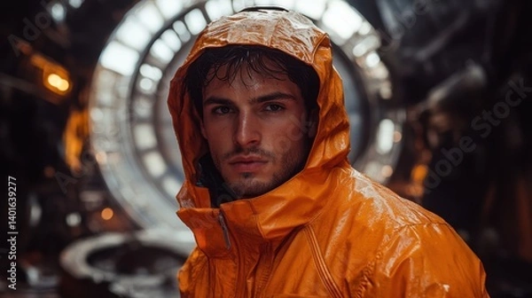 Obraz A striking portrait of a man in a vibrant orange hooded jacket, set against a blurred, circular architectural backdrop. Moody and intense gaze