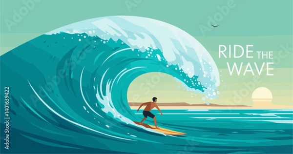 Obraz Man Surfing a Powerful Ocean Wave at Dusk with the Sun Setting