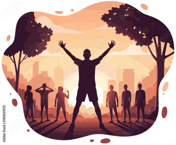 Obraz Silhouette of a Man with Arms Raised in Victory in Front of a Group in a Park with City Skyline