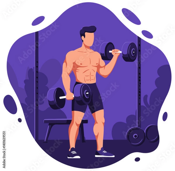 Fototapeta Muscular Man Doing Bicep Curls with Barbells in a Gym Setting