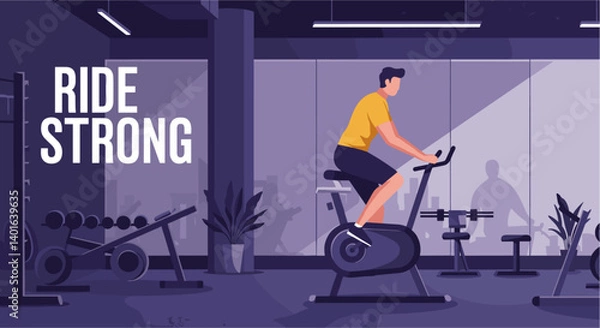 Obraz Man Exercising on a Stationary Bike in a Gym with RIDE STRONG Text