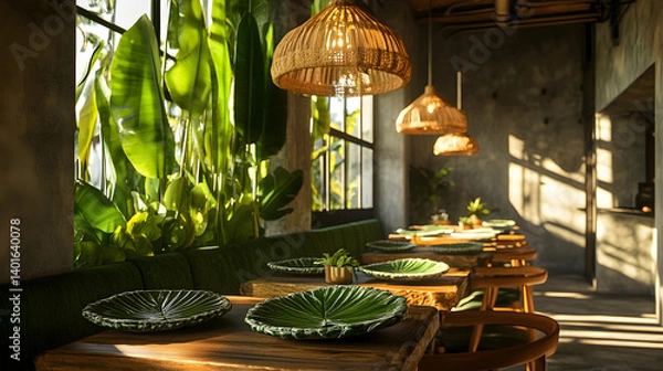 Obraz Eco-friendly Vegan Restaurant with Leafy Plates and Nature-Inspired Tranquil Decor