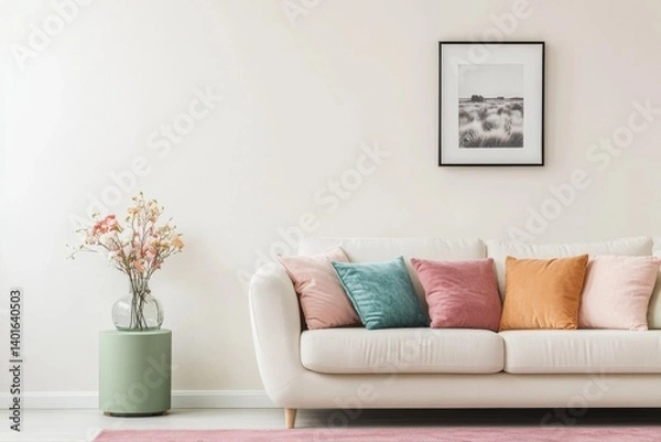 Fototapeta modern living room with sofa, beautiful plant vase on green table, vase beside sofa, many colorful pillows on sofa, there is black and white painting above sofa, white wall