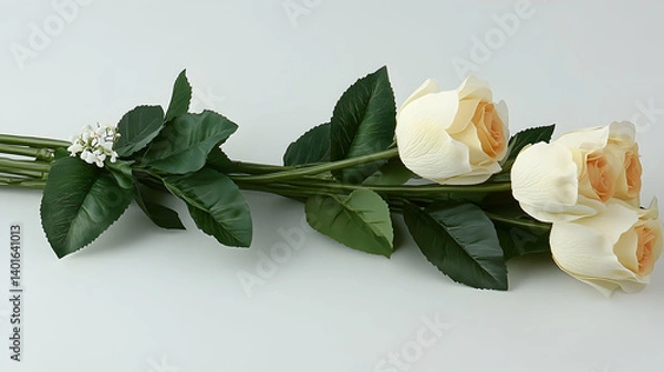 Fototapeta Three delicate cream roses lying side by side green leaves and stems a sprig of tiny white flowers