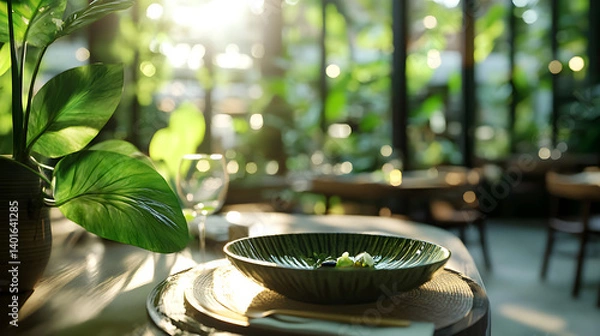 Obraz Eco-friendly Vegan Restaurant with Leafy Plates and Nature-Inspired Tranquil Decor