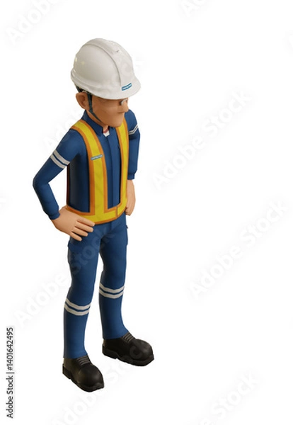 Fototapeta Isolate industrial worker with akimbo pose on transparent background
