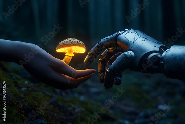 Obraz Harmonious Intersection: Humanity and Technology Touching the Luminescence of Nature