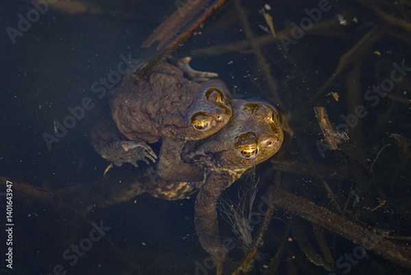 Obraz Frog mating season. Pair of European common toad, Bufo bufo, in water in breeding season. Egg strings around. Spring in wild nature. Wildlife. Amphibian in natural habitat. Smaller male grasps female.