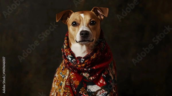 Fototapeta Portrait of a cute dog wearing a stylish, colorful winter scarf, set against a dark background. Studio shot emphasizing warmth, comfort, and pet fashion.