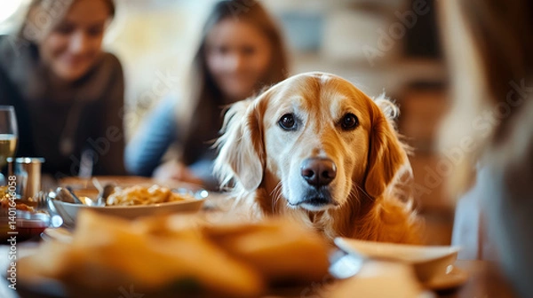 Fototapeta Golden Retriever looking longingly at the dinner table while people are eating in the background. Scene capturing the humor, anticipation, and longing looks of pets around food.