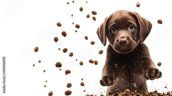 Fototapeta Adorable chocolate Labrador puppy surrounded by flying dog food against a white background. 
