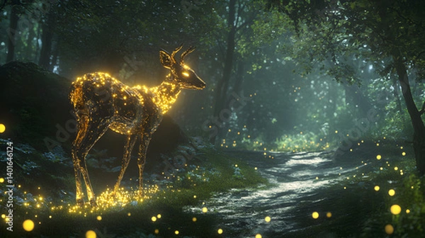 Obraz Harmonious Stroll: A Metallic Deer on a Luminescent Forest Path