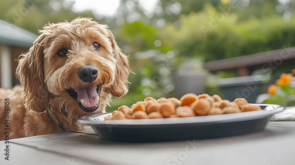 Fototapeta Close-up of a happy, golden-colored dog with its mouth open, looking at a plate full of dog food or treats. Outdoor setting with blurred background. 