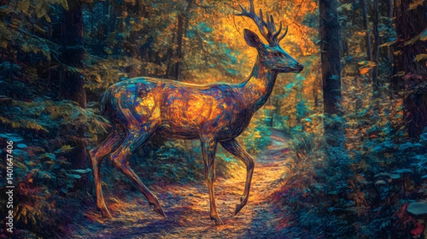 Obraz Harmonious Stroll: A Metallic Deer on a Luminescent Forest Path