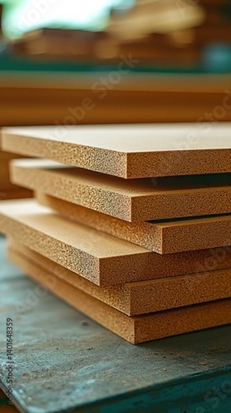 Fototapeta Stacked sheets of brown medium-density fiberboard on a worktable in a workshop