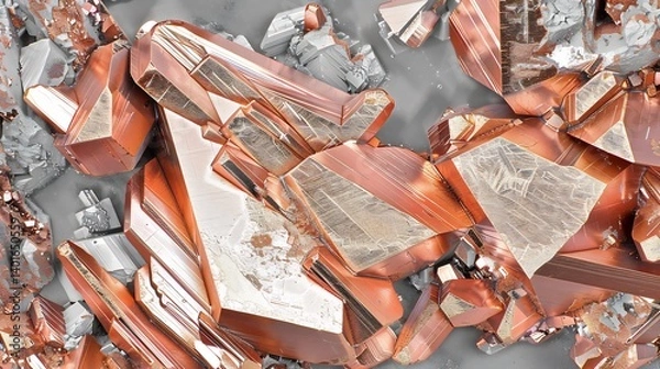 Fototapeta Selective color photography of copper crystals forming intricate patterns the background in grayscale