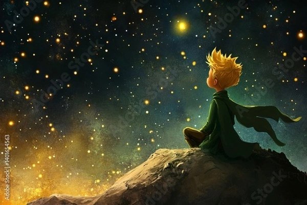 Fototapeta Little Prince gazing at the stars and contemplating the mysteries of the universe.