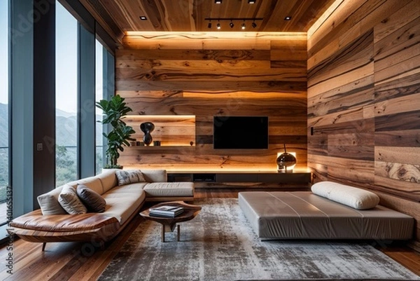 Fototapeta Modern Acacia Wood Feature Wall with Creative Mood Lighting for Stylish Interiors