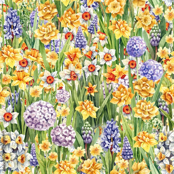 Obraz Spring floral seamless pattern with blooming flowers - daffodils, hyacinths, onions on a green background.