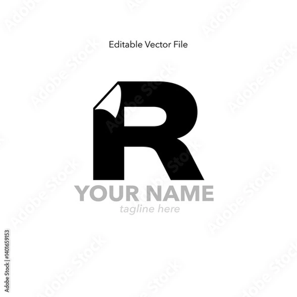 Fototapeta Bold letter R logo with corner peel effect in black. Peel logo effect.  Minimalist logo featuring a bold letter R with a peeled corner effect. R Icon. 