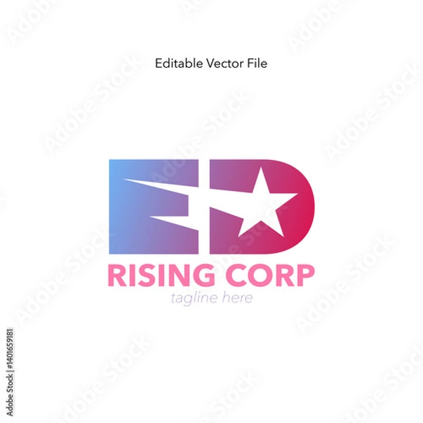 Fototapeta Modern rising star business logo with gradient and bold initials. ED logo with stylized initials, gradient colors, and a shooting star symbol, representing growth, ambition, and forward momentum