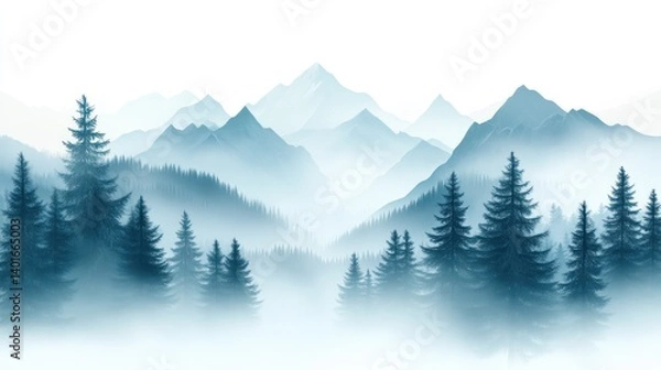 Fototapeta Foggy Mountain Landscape with Pine Trees and Layered Peaks