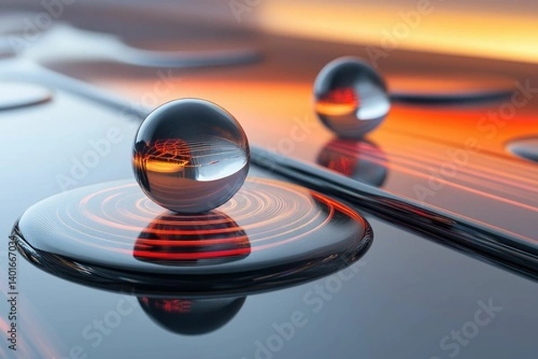 Fototapeta Glass Spheres Reflecting Red Light on Metallic Surface Technology Concept
