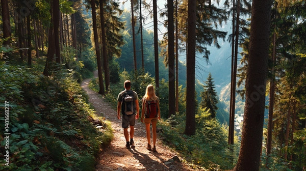 Obraz Couple Hiking Through Scenic Forest Path Surrounded by Summer Greenery and Sunlight